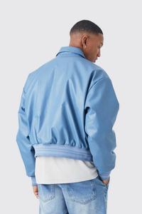 Blouson aviateur en cuir de mouton bleu pour homme, édition limitée, doublure en coton coupe-vent, design court, double glissière - Product Image 6