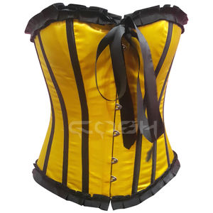 Fullbust Steelboned Two Tone Yellow And <b>Black</b> Satin Corset With Frill And Bow - Product Image 4
