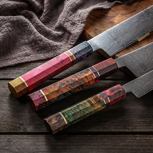 Cuchillo Nakiri Japonés de 8 Pulgadas, Hecho a Mano, de Acero Damasco VG10 de 89 Capas, con Incrustaciones de Latón y Madera de Hierro del Desierto de EE. UU. - Product Image 4