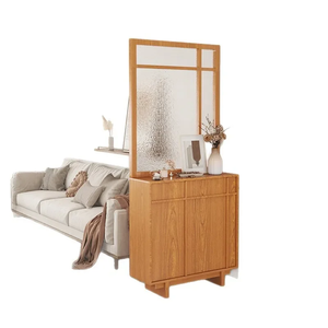 Meuble à chaussures moderne en bois massif pour entrée de salon avec cloison intégrée en verre à lattes géométriques - Product Image 5