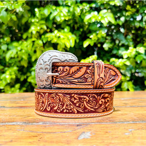 สายหนังแท้คุณภาพพรีเมียม Pazli Art แบบสั่งตัดได้ สีน้ำตาล หนังวัวแท้ สไตล์คาวบอยตะวันตก ลายดอกไม้ แกะสลักด้วยมือ หัวเข็มขัดทองเหลืองและเงิน หนังแท้ 40 มม. - Product Image 1