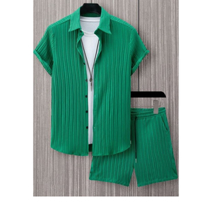Ensemble décontracté deux pièces pour homme : chemise à revers à manches courtes et pantalon long en polaire respirant – Collection été - Product Image 2