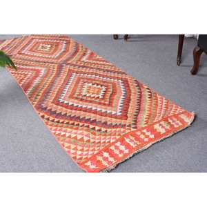 Tapis en laine Kilim vert orange 2.8x8 pieds tapis de salon à tissage plat turc motif de couloir rectangle en peluche avec support en latex - Product Image 1