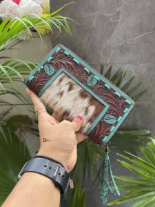 Bolso de mano de cuero de moda occidental con estilo, Cartera de piel de vaca Vintage, cremallera, tallado a mano, funda de teléfono multifuncional - Product Image 4