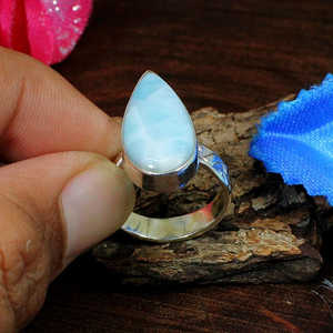 Vente en gros de bague en argent sterling 92.5 faite à la main avec pierre précieuse Larimar coupe géométrique plaqué rhodium bijoux fins - Product Image 4