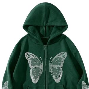 Vente en gros de sweat-shirts en molleton 100% coton surdimensionnés et lourds, brodés de strass, respirants, motif papillon vert, fermeture éclair personnalisée - Product Image 3
