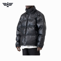 Blouson matelassé noir en PU pour homme, col montant, fermeture éclair, coupe-vent, épais, hiver, décontracté, coupe ample, couleur unie, manches classiques