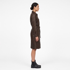 Vestido Camisero de Cuero para Mujer, Piel de Cordero Genuina, con Cinturón, Largo hasta la Rodilla, Cierre de Broches Frontales, Logotipo Personalizado OEM - Product Image 3