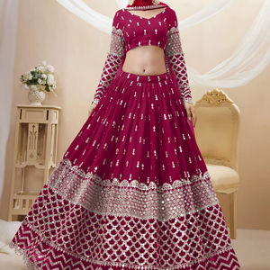 Dhwaja Export - Lehenga Choli de Georgette Rosa Intenso, Largo hasta el Suelo, Adornado con Bordado Intrincado de Lentejuelas Zari y Butti Brillantes - Product Image 2