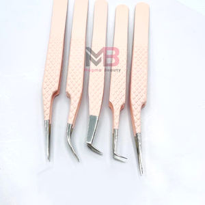 Juego completo de pinzas de extensión de pestañas de acero inoxidable con empuñadura de diamante recubierta de color nude claro al por mayor a granel - Product Image 4