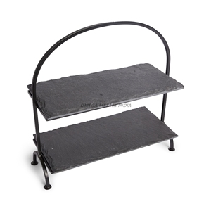 Premium Black Two-Tier Serving Tray with Slate <b>Shelves</b> and <b>Metal</b> Frame Ideal for Presenting Appetizers and Desserts Elegantly - Product Image 1