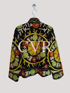 Abrigo con Cuello Mandarín Bordado a Mano con Diseño Floral, Talla Grande, Estilo Bohemio Informal para Mujer, Ropa Exterior de Otoño con Cierre de Cremallera y Manga Larga - Product Image 1