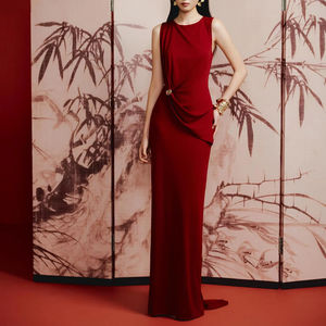 Burgundy red classy power look <b>dress</b> bodycon sleeveless maxi <b>dress</b> golden metal OEM ODM Vietnam local brand high quality low MOQ - Product Image 1