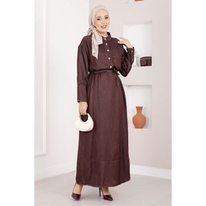 Robe en denim Tencel bordeaux à demi-boutonnage et ceinture, manches courtes, coupe droite modeste, élément de mode simple - Product Image 3