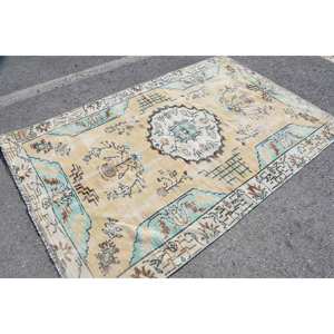 Alfombra de lana Vintage, diseño de retales amarillo y azul, alfombra rectangular de 5,1x7,8 pies para sala de estar, látex de felpa para el suelo del hogar para el pasillo - Product Image 2