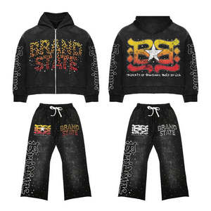 Survêtement unisexe 100% coton de haute qualité en polaire Streetwear Sweat-shirt à capuche épais délavé et pantalon baggy évasé - Product Image 4