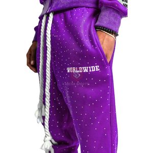 Hip Hop en todo el mundo bordado Streetwear hombres púrpura Flare Rhinestone pantalones de chándal 100% cuerda de algodón cordón pantalones acampanados - Product Image 2
