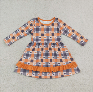 Robe à carreaux à manches longues pour filles, avec volants, coupe trapèze, longueur genou, imprimé chauve-souris orange et gris, en Spandex/Polyester, lavable, style preppy, pour l'été - Product Image 4
