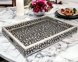 Bandeja de servir hecha a mano con incrustaciones de hueso y diseño floral moderno para el hogar, utensilios de cocina de la India. - Product Image 4