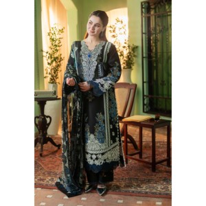 Camisa bordada de satén Jade-3PC con chal estampado con motivos campestres y pantalón Dhanak-BIC-4223 - Product Image 1