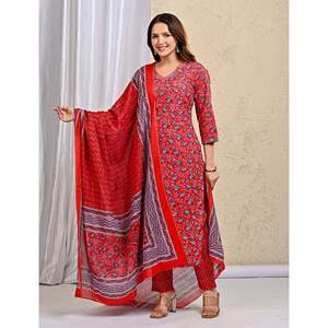 Ensemble décontracté kurta et pantalon en coton avec dupatta mulmul rouge imprimé à blocs, tenue traditionnelle indienne - Product Image 5
