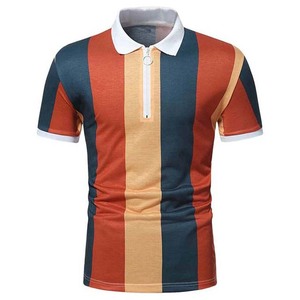 Men's Color Blocked Striped Short Sleeve Knitted Polo <b>Shirt</b> Casual Zipper <b>Collar</b> Design - Product Image 1