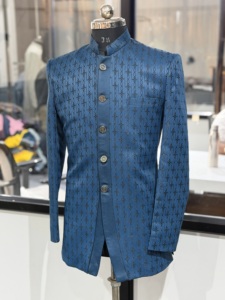 Traje Kurta Indo-Occidental de Lujo para Hombre, Azul Jacquard, Bandhgala, Sherwani, Chaqueta Jodhpuri, Ropa de Boda Bhojpuri, Proveedor Mayorista - Product Image 6