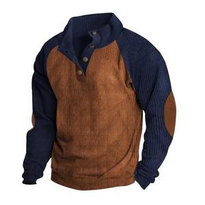 Mens Corduroy Pullover Two Tone <b>Brown</b> Navy <b>Long</b> <b>Sleeve</b> Button Up Casual Warm Winter Fashion Vintage Style <b>Top</b> - Product Image 1