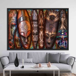 Tableau sur toile imprimé : Élégant motif de masque africain en tons bruns, toile encadrée noire - Product Image 1