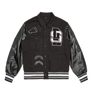 Chaqueta Varsity Negra para Hombre, Mangas de Cuero Sintético, Logotipo Bordado, Cuello Camisero, Estilo Preppy, Corte Regular, Otoño - Product Image 1