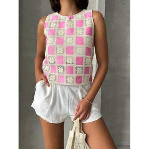 Blusa sin mangas a cuadros de ganchillo Topshow para mujer, rosa crudo, al por mayor - Product Image 2