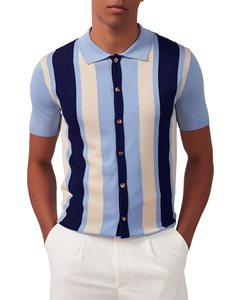 KALLSPIN Chemise Homme Rétro à Manches Courtes en Maille, Boutonnée, Rayée, Col Revers, Style Golf (Bleu Ciel, Taille XL), Lavage en Machine, 43% - Product Image 1