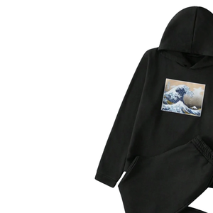 Conjunto Deportivo de Dos Piezas con Sudadera con Capucha y Pantalones Jogger de Felpa de Algodón con Estampado de Ondas, Ropa Deportiva de Invierno Unisex al por Mayor - Product Image 3