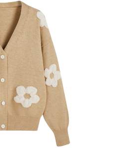 Customized Women Camel <b>Brown</b> Knit <b>Cardigan</b> Sweater With White Flower Applique V Neck Button Front Casual Winter Fashion Top - Product Image 3