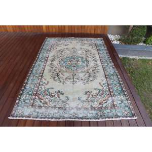 Tapis turc vintage 5,1x7,8 pieds, tapis oriental bleu en laine - Product Image 1