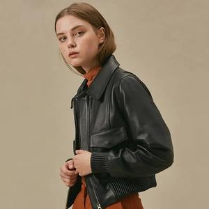 2024แจ็กเก็ตบอมเบอร์สีดำระดับไฮเอนด์สำหรับผู้หญิงหนังแกะแท้แท้ผลิตจากโรงงานสำหรับขี่มอเตอร์ไซค์ฤดูใบไม้ร่วงฤดูหนาว - Product Image 4