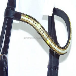 Banda para cejas de caballo de cuero inglés negro acolchado doble en forma de V profundo con brillantes cristales multicolores de diseñador banda para cejas ostentosa - Product Image 1