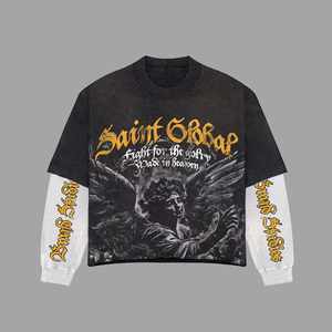 Custom Street Wear Graphic Boxy Waffle Hip Hop de alta calidad para los hombres de doble capa de gran tamaño de manga larga Camiseta - Product Image 1