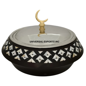 Casserole en nacre noire de qualité supérieure, faite à la main, de forme ronde, décorative, avec support en bois - Product Image 4