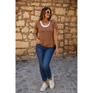 Blusa de viscosa bicolor de manga corta y cuello redondo para mujer, 35680 - Café - Product Image 2