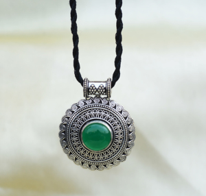 Best selling Green Onyx Pendant Tribal Brass <b>Necklace</b> For Women Oxidized Silver Finish Boho Mandala Pendant Wholesale/OEM/ODM - Product Image 1