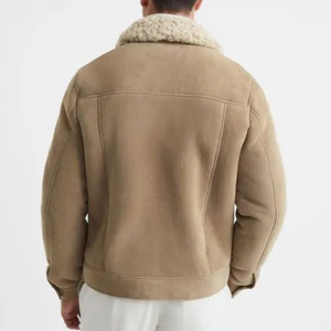 Chaqueta de cuero de bombardero de piel de oveja genuina para hombre en patrón sólido marrón con cierre de cremallera para motociclismo - Product Image 3