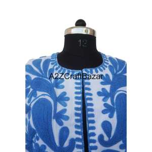 Veste bomber matelassée à manches courtes en coton indien fait main, broderie suzani florale, style bohème pour femmes, bleu, automne-hiver - Product Image 3