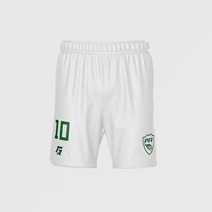 Shorts de sport blancs personnalisés PFF Away Kit 100% polyester taille XS avec fermeture élastique à la taille, logos par sublimation et broderie - Product Image 1