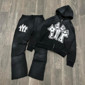 Ensemble survêtement streetwear à capuche coupe droite et pantalon de survêtement évasé, 100% coton léger, design uni pour l'hiver, personnalisable en gros - Product Image 6