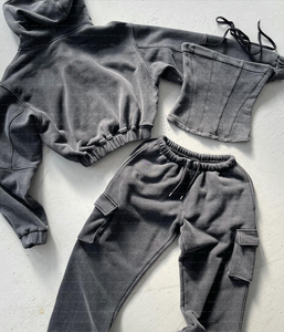 Conjunto de 3 piezas de Pantalón cargo personalizado de algodón de felpa francesa con cremallera lavado ácido en blanco Sudadera con capucha desgastada chándal apilados para mujer - Product Image 2