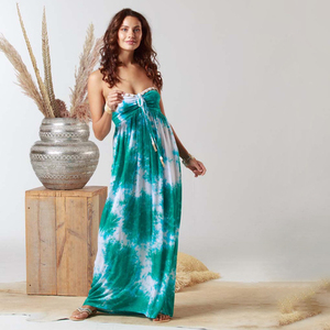 เดรสแม็กซี่มัดย้อมสำหรับผู้หญิงชุดเดรสชายหาดเปิดไหล่ลายเซ็กซี่ผ้าเรยอนสำหรับเดินชายหาด - Product Image 1