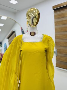 Nouveau Designer Summer Party Salwar Kameez Top Palazzo Dupatta Ensemble Cou Renard Georgette Tissu 40 LONGUEUR Moins Manches De Travail pour - Product Image 2