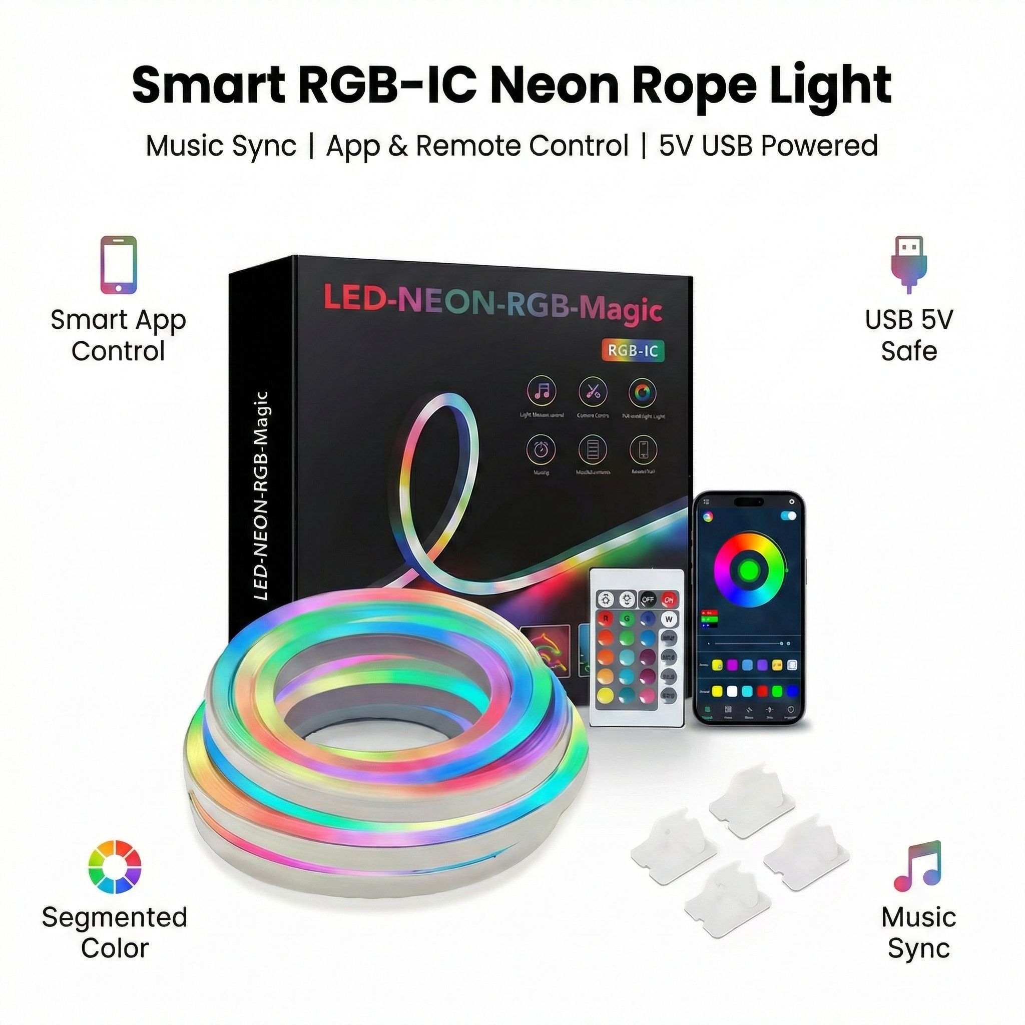 DC 5V USB WS2812B Smart RGB Neon Rope Light 360 Degree Round Beam Angle Bluetooth App Music Sync IP65 Waterproof Flexible Strip