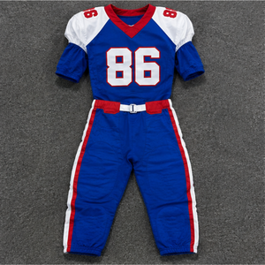 Conjunto de Uniforme de Fútbol Americano Personalizado Azul para Hombre Adulto con Número 86, Cuello en V, Manga Corta, Pantalones de Malla Transpirable y Cinturón - Product Image 1
